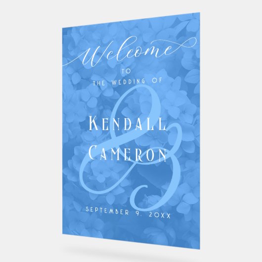 Blauwe hortensia's Bloemen Huwelijk Welkom Acryl Bord (Hoek)