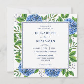 Blauwe hortensia's bruiloft uitnodiging met QR-cod (Voorkant)