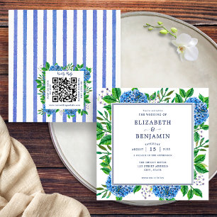 Blauwe hortensia's bruiloft uitnodiging met QR-cod