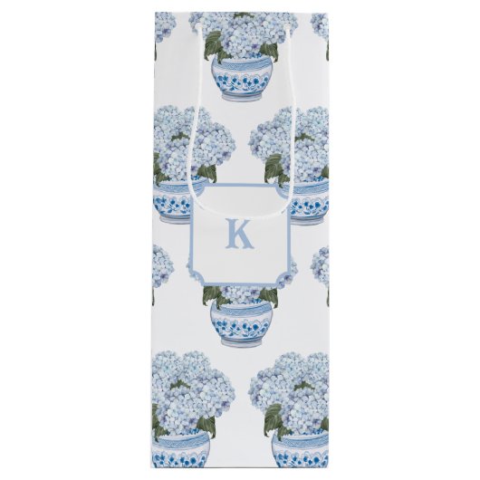 Blauwe hortensia's in Chinoiserie Pot Wijn Cadeautas (Voorkant)