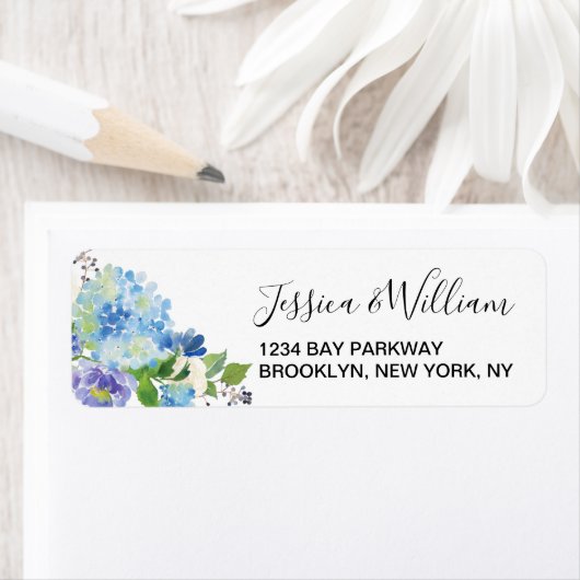 Blauwe Hortensia's Waterverf Bloemrijke Elegante C Etiket (Insitu)