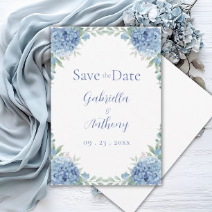 Blauwe Hortensia's Waterverf Bloemschrift Save The Date