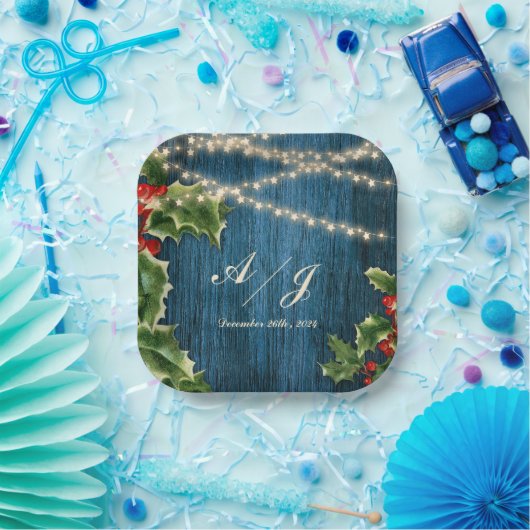 Blauwe Houten Bessen Kerstmis bruiloft Papieren Bordje (Feest)