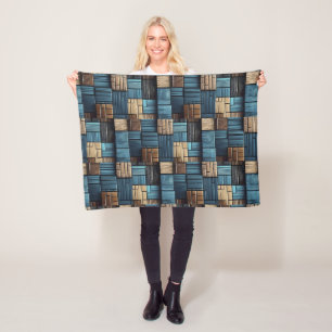 Blauwe Houten Blokken Patroon Dekbed Fleece Deken