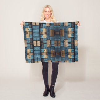 Blauwe Houten Blokken Patroon Dekbed Fleece Deken