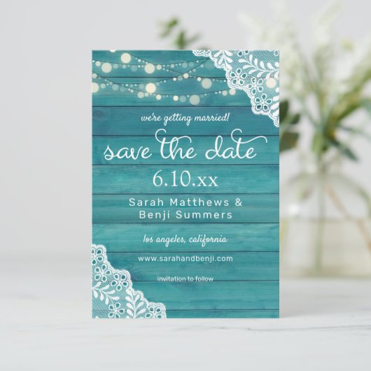 Blauwe houten kant & tekenlights save the date (Staand voorkant)