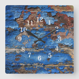Blauwe houten wandklok vierkante klok