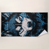 Blauwe Husky-strandtowel – Krachtige honden kunst Strandlaken (Voorkant)