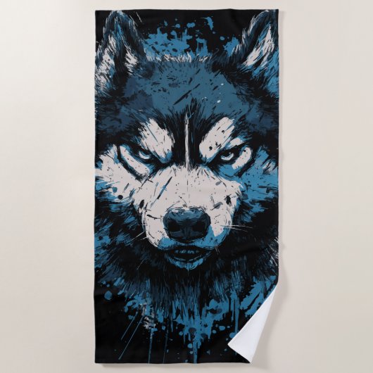 Blauwe Husky-strandtowel – Krachtige honden kunst Strandlaken (Voorkant)