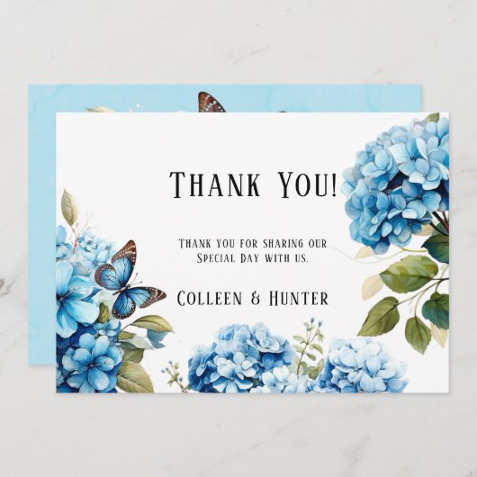 Blauwe Hydrangea Bloemenvlinder Dank u Kaarten (Voorkant / Achterkant)