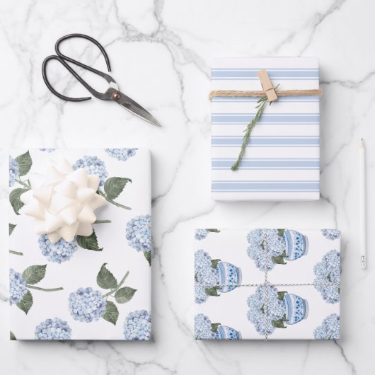 Blauwe Hydrangea Bloom Floral Set Inpakpapier Vel (Voorkant)