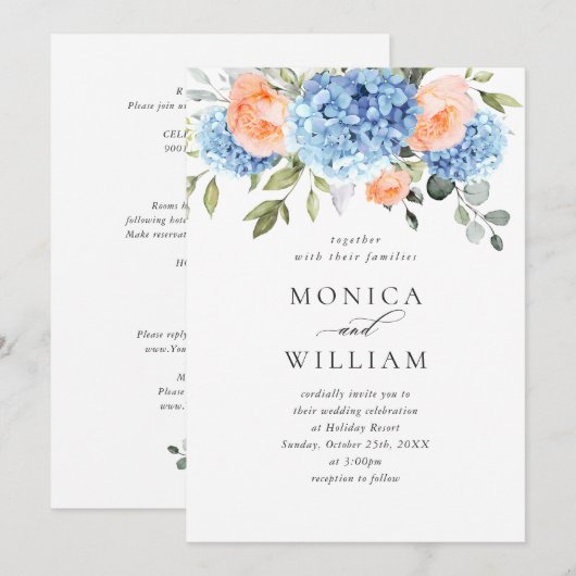 Blauwe Hydrangea Blush Roze Rozen Bruiloft Alles I Kaart (Voorkant / Achterkant)