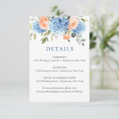 Blauwe Hydrangea Blush Roze Rozen Bruiloft Details Informatiekaartje (Staand voorkant)