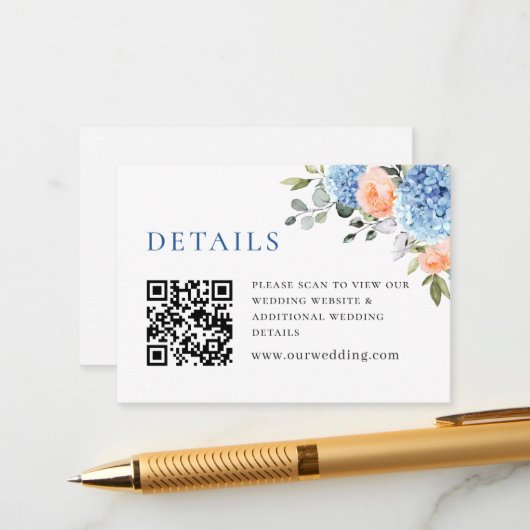 Blauwe Hydrangea Blush Roze Rozen Bruiloft Details Informatiekaartje (Voorkant / Achterkant in situ)