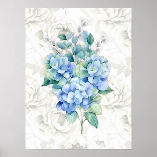 Blauwe Hydrangea Botanische Ivoor Bloemen Achtergr Poster (Voorkant)