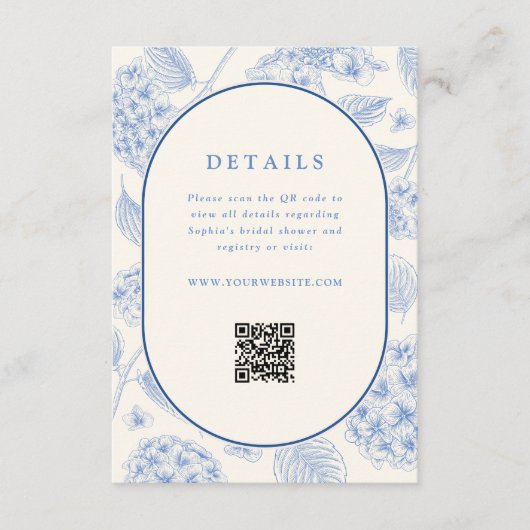 Blauwe Hydrangea Bruiloft QR Code Informatiekaartje (Voorkant)