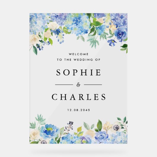 Blauwe Hydrangea en Witte Anemone Bruiloft Welkom Acryl Bord (Voorkant)