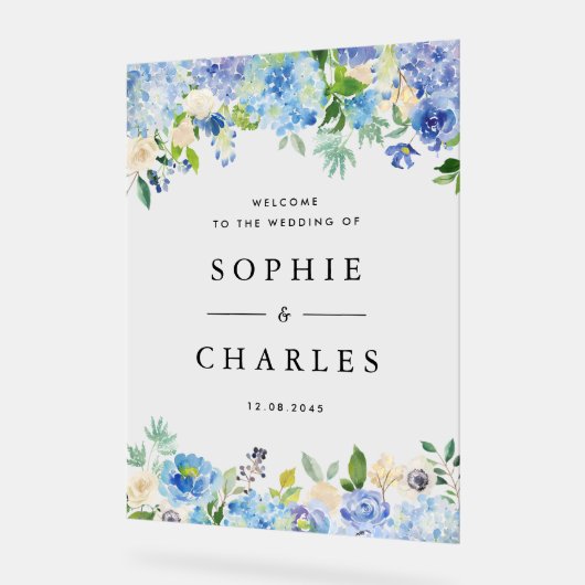 Blauwe Hydrangea en Witte Anemone Bruiloft Welkom Acryl Bord (Hoek)