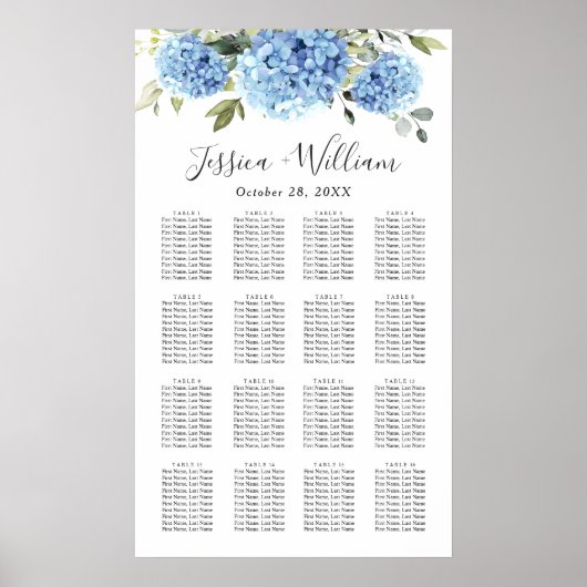 Blauwe Hydrangea Eucalyptus 16 Tafels Zitschema Poster (Voorkant)