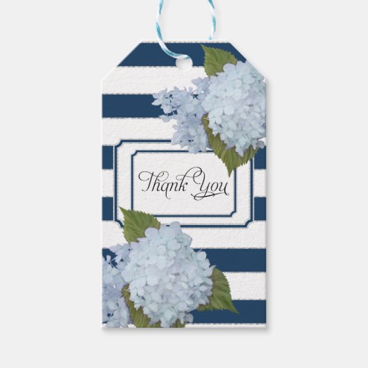 Blauwe Hydrangea Floral Modern Elegant Navy Stripe Cadeaulabel (Voorkant)