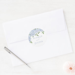 Blauwe Hydrangea Gepersonaliseerd bruiloft envelop Ronde Sticker