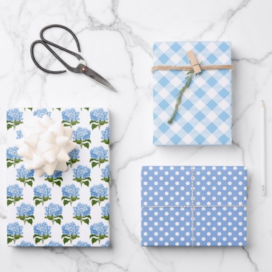 Blauwe Hydrangea Gingham en Polka Dot Patroon Inpakpapier Vel (Voorkant)