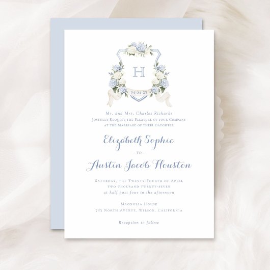 Blauwe Hydrangea Groene Kam Monogram Bruiloft Kaart