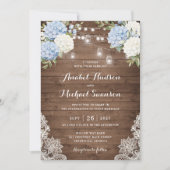 Blauwe Hydrangea Houten Kant String Licht Bruiloft Kaart (Voorkant)