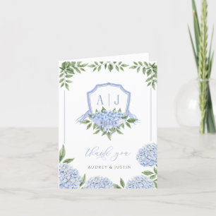 Blauwe Hydrangea Monogram Crest Borded Bruiloft Bedankkaart