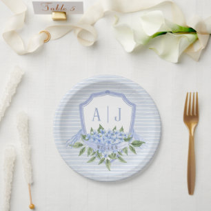 Blauwe Hydrangea Monogram Crest met Strepen Papieren Bordje