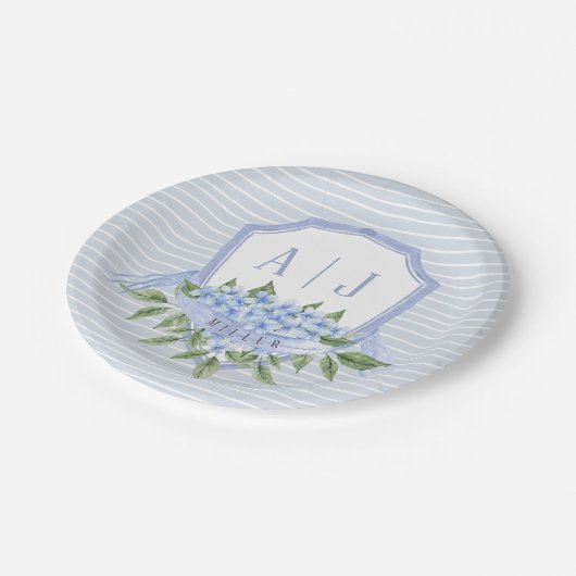 Blauwe Hydrangea Monogram Crest met Strepen Papieren Bordje (Gekanteld)