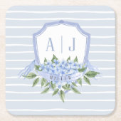 Blauwe Hydrangea Monogram Crest met Strepen Vierkante Kartonnen Onderzetter (Voorkant)