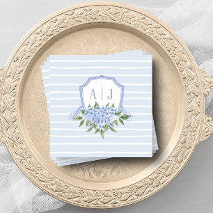 Blauwe Hydrangea Monogram Kam met Strepen Favor Servet