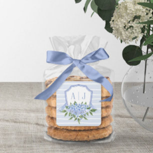 Blauwe Hydrangea Monogram Kam met Strepen Favor Vierkante Sticker