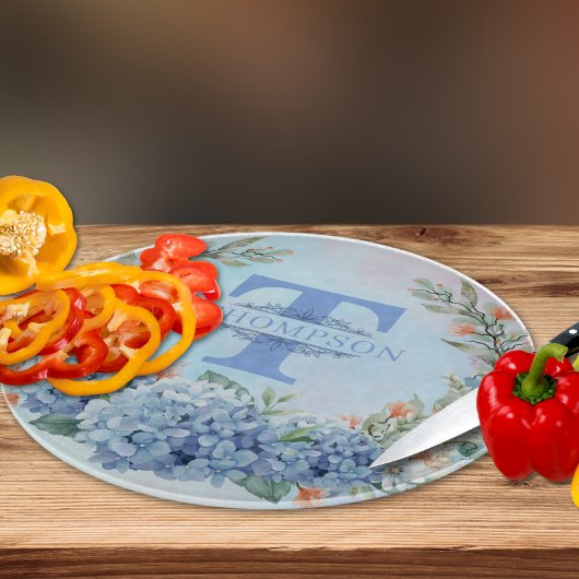 Blauwe Hydrangea Monogram Ronde snijplank