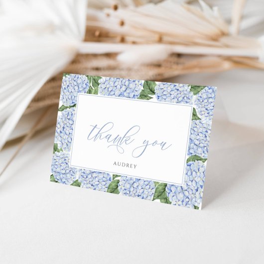 Blauwe Hydrangea omzoomd gepersonaliseerd script Bedankkaart