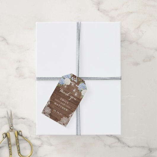 Blauwe Hydrangea Rustieke Houten Kant String Light Cadeaulabel (Met Touw)
