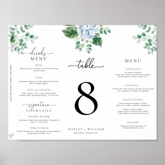 Blauwe Hydrangea Tri-Fold Bruiloft Menu Poster (Voorkant)