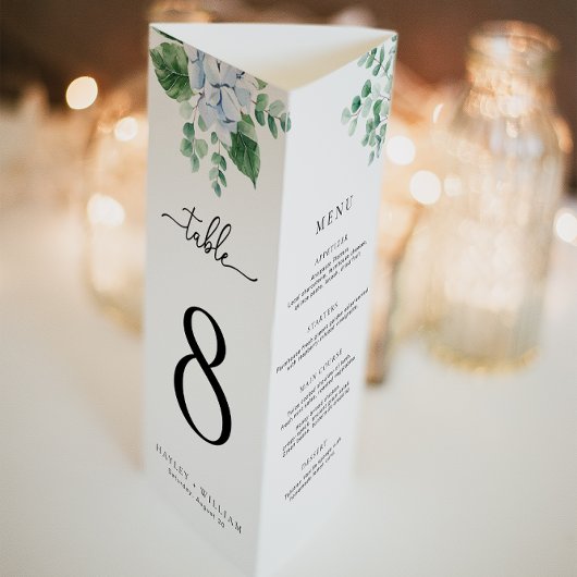 Blauwe Hydrangea Tri-Fold Bruiloft Menu Tafelnumme