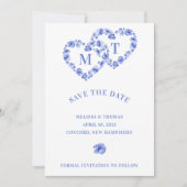 Blauwe Hydrangea verweven dubbel hart Save The Date (Voorkant)
