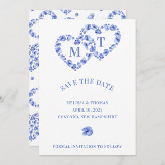 Blauwe Hydrangea verweven dubbel hart Save The Date