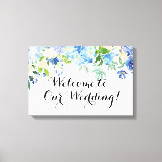 Blauwe Hydrangea Welkom op onze bruiloft Canvas Si Afdruk