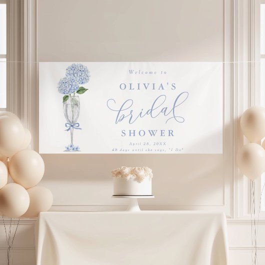 Blauwe Hydrangea & Zilveren Champagne Welkom Spandoek