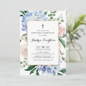 Blauwe hydrangeas en roze rozen Eerste Heilige Com Kaart (Staand voorkant)