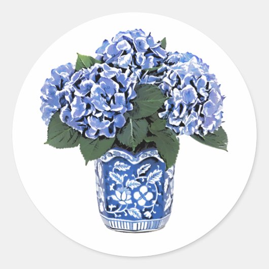 Blauwe hydrangeas in een Floral Ceramic Pot. Ronde Sticker (Voorkant)