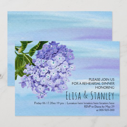 Blauwe hydrangeas trouwrepetitie diner kaart (Voorkant / Achterkant)