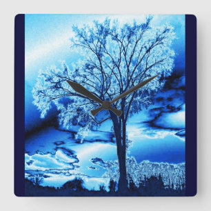 Blauwe IJsboom Wandklok Vierkante Klok