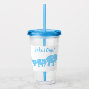 Blauwe illustratie van olifanten met naam acryl drinkbeker