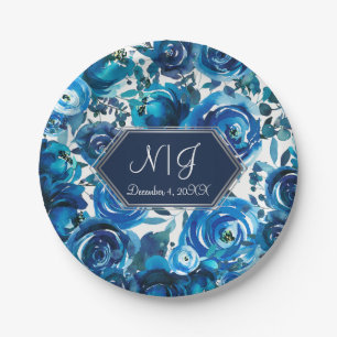 Blauwe Indigo Bloemen Elegante Chic Bruiloft Papieren Bordje