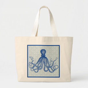 blauwe inktvis met ankers grote tote bag